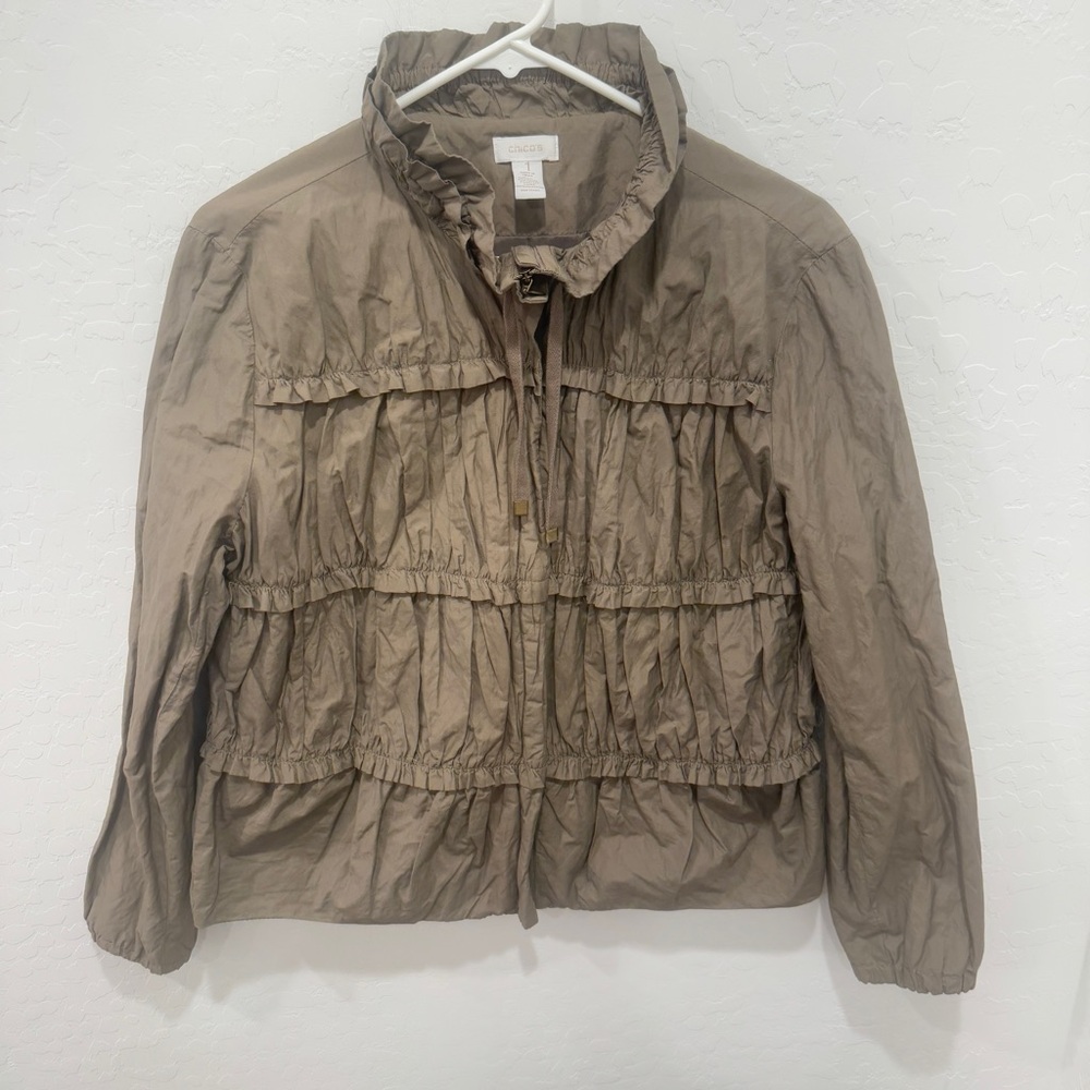 Chico's Tan Utility Jacket Womens 1 M/8 Elasticized Waist Green Military Pleated